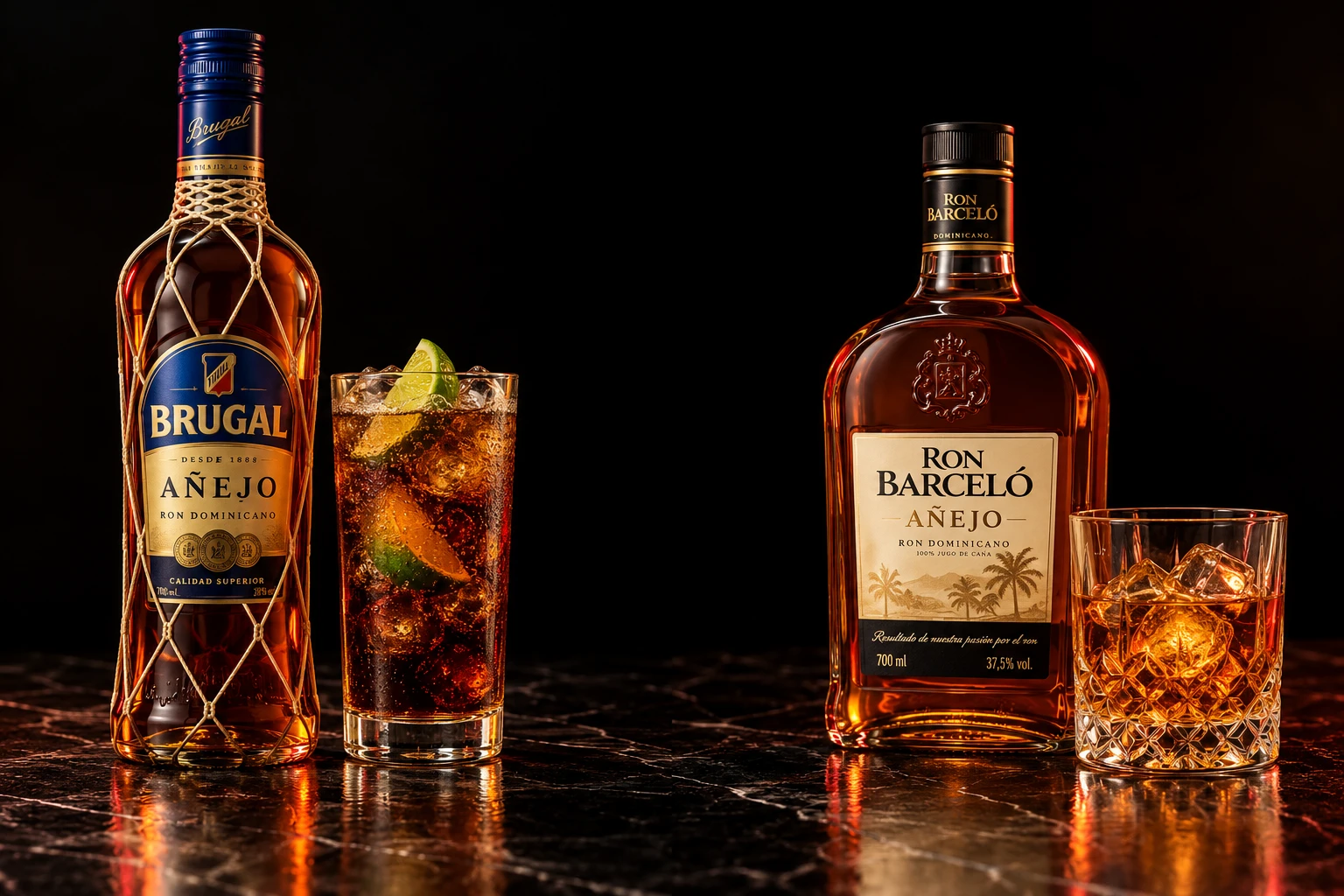 Botella de Brugal Añejo junto a un vaso con su bebida. Imagen ilustrativa.